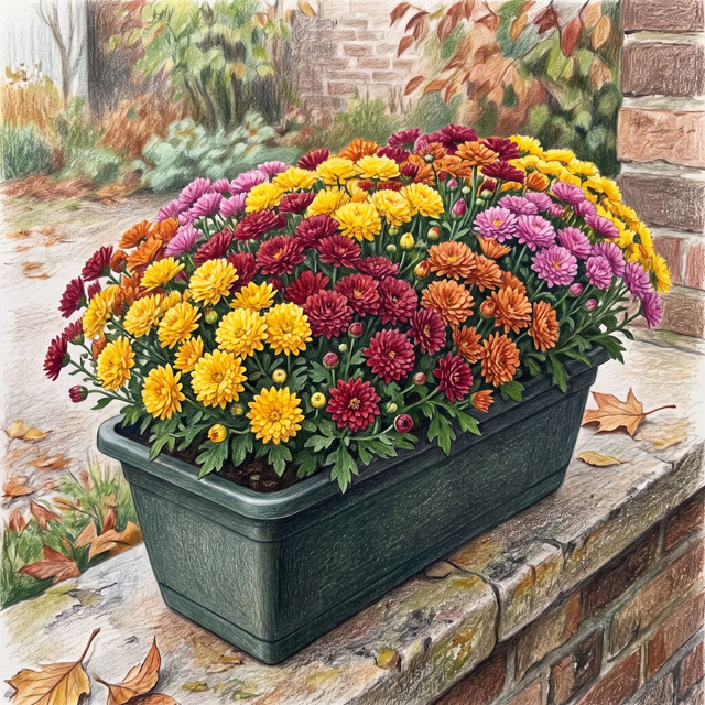 Jardinière de chrysanthèmes pomponettes « Carnaval » — Mélange multicolore prêt à poser