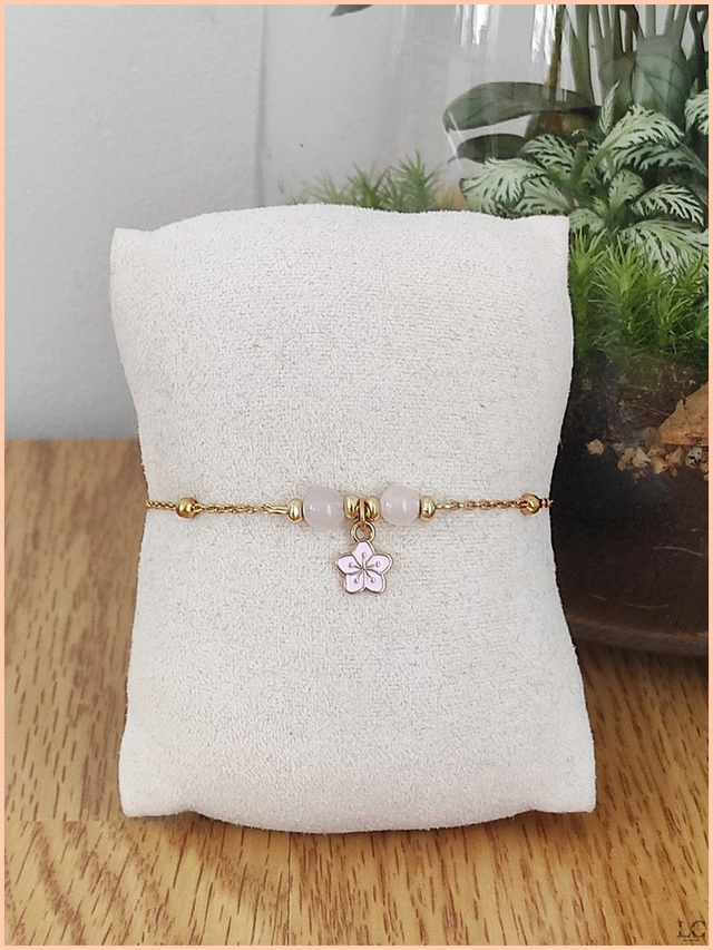 Bracelet chaîne duo avec fleur - Quartz rose