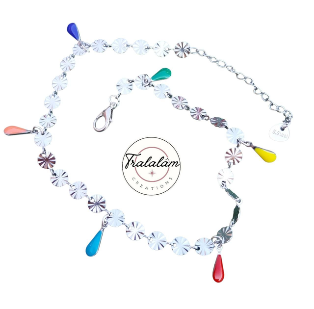 ✨Bracelet de cheville pastilles argentées et gouttes multicolores émaillées✨(2CHE)