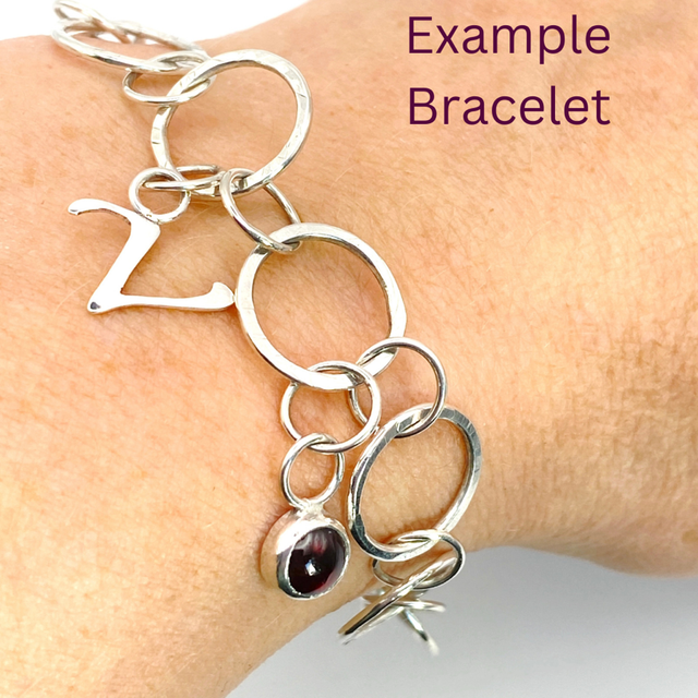 HANDMADE TO ORDER Sterling Silver link bracelet with hand-cut initial and gemstone charms