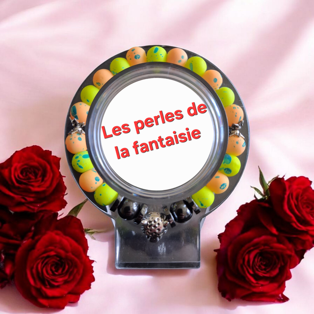 Bracelet perles de verre, perles hématite,breloque centrale léopard