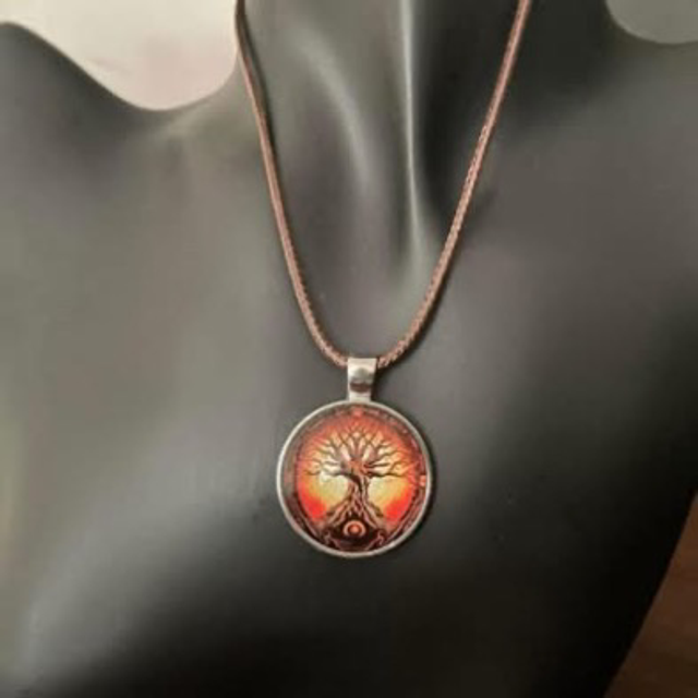 Tree of Life glass pendant 17”-19” Brown cord necklace 
