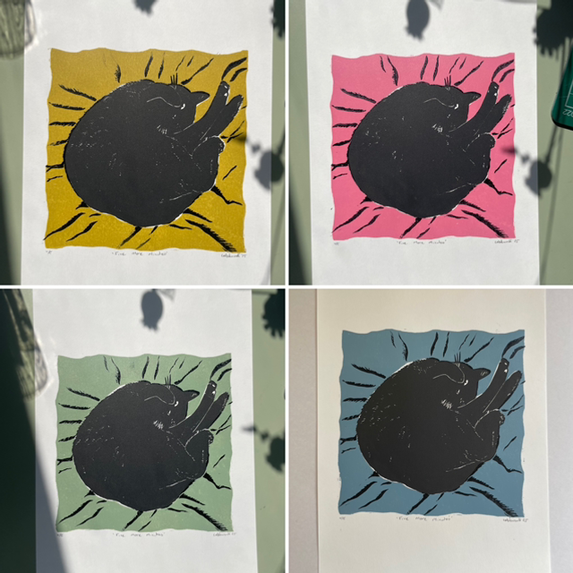 5 More Minutes, two layer Lino print 