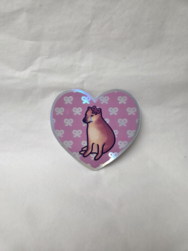 Sad Doge With Bows Holographic Heart Shaped Sticker - ST-039