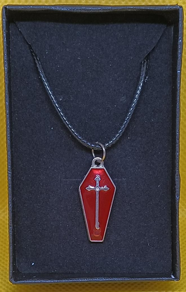 Enamel Red &amp; Gold Coffin With Cross Pendant Necklace.