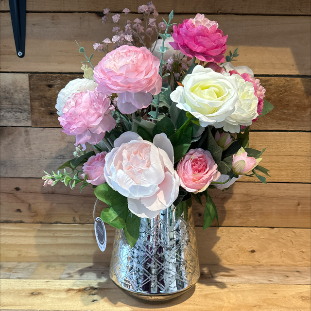 Large Silver Vase with Artificial Flowers 