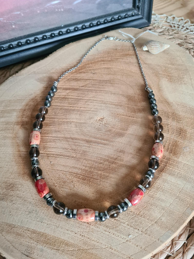 Collier Bois Hématite et Quartz fumé 