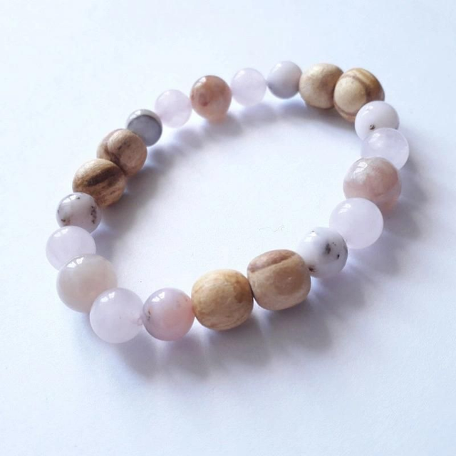Peruvian Pink Opal, Rose Quartz, Flower Agate and Palo Santo Aromatherapy Bracelet 