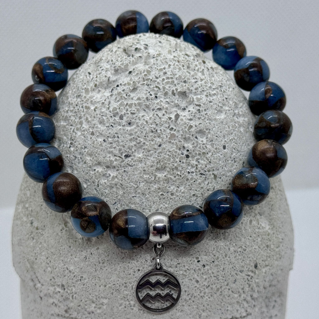 Bracelet en jaspe bleu lac cloisonné &amp; pendentif Verseau en inox