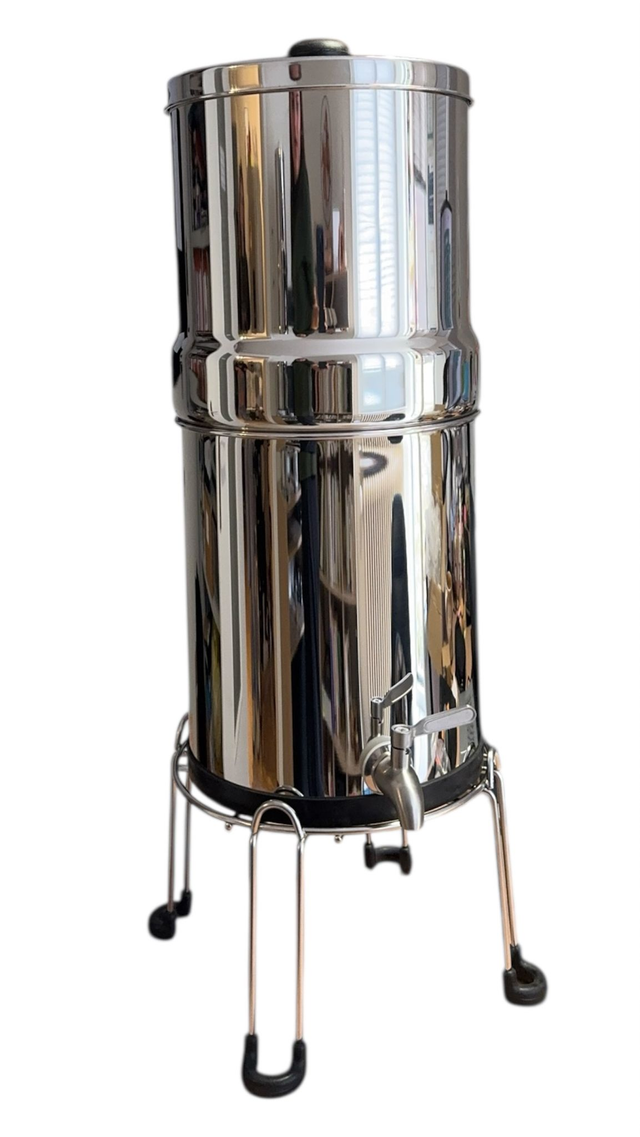Filtre à eau inox par gravité + 2 bougies charbon actif compressé – Purification sans électricité, anti-polluants et métaux lourds