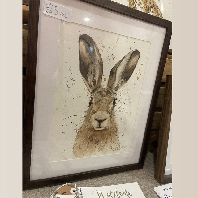 Original ‘Harrison’ the Hare A4 painting in dark wood frame 