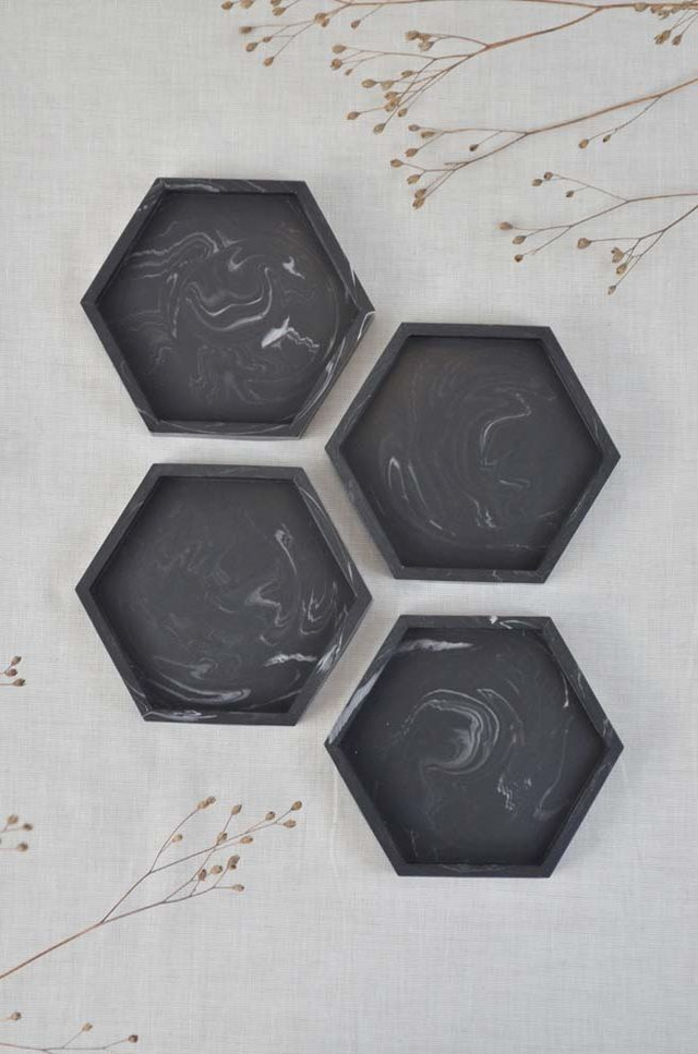 Ensemble sous-verres hexagonal : Noir marbré
