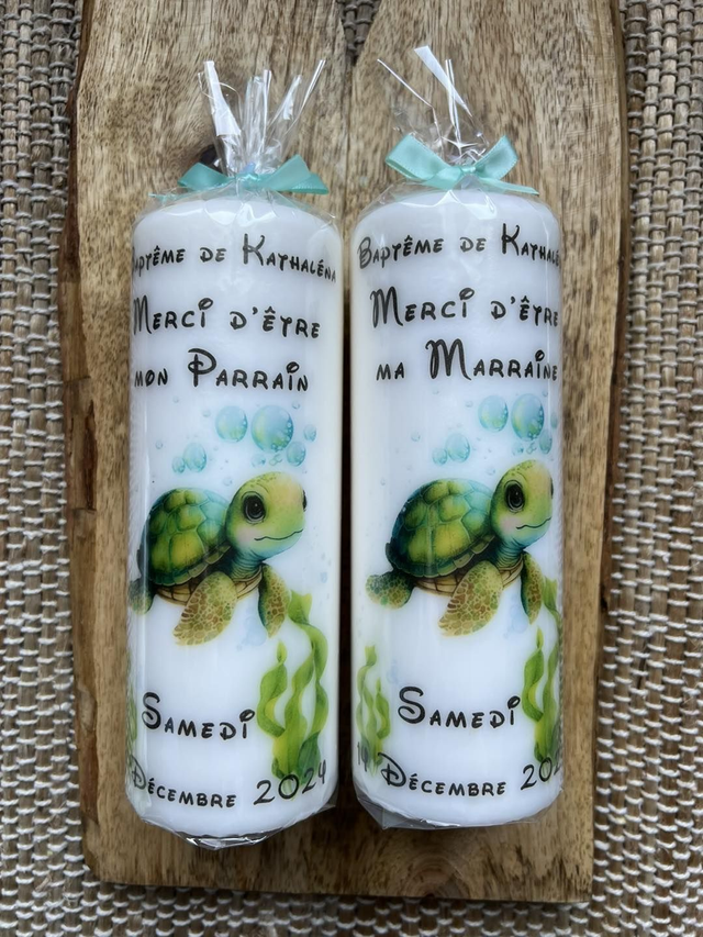 Bougie baptême, communion, naissance personnalisée thème Tortue