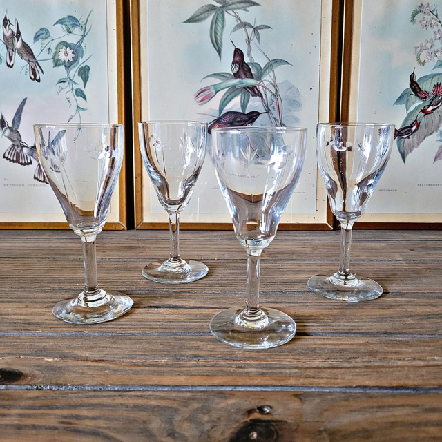 X Verres à liqueur (digestif) vintage en verre, décor gravé (lot de 4)