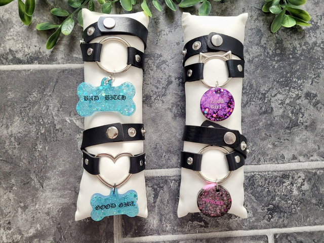 Choker - Black Faux Leather Chokers with Metal O-Ring and Resin Tags