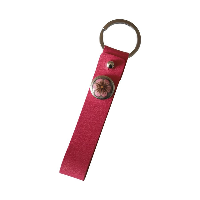 Porte-clés simili cuir long rose fleur rose