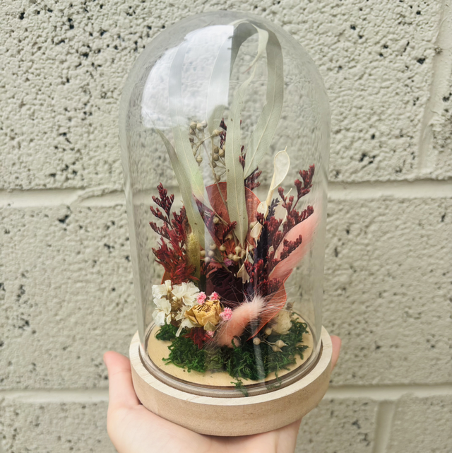 Larger size red and purple dried flower glass dome