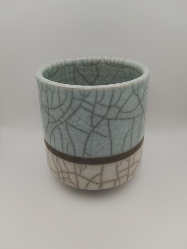 White and Light Turquoise Cylindrical Bowl (Black Band)