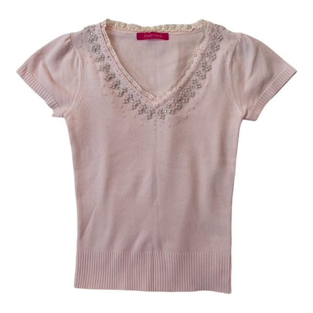 Japanese Brand Pinky Girls Coquette Pink Pearl Knitted Short Sleeve Jumper S