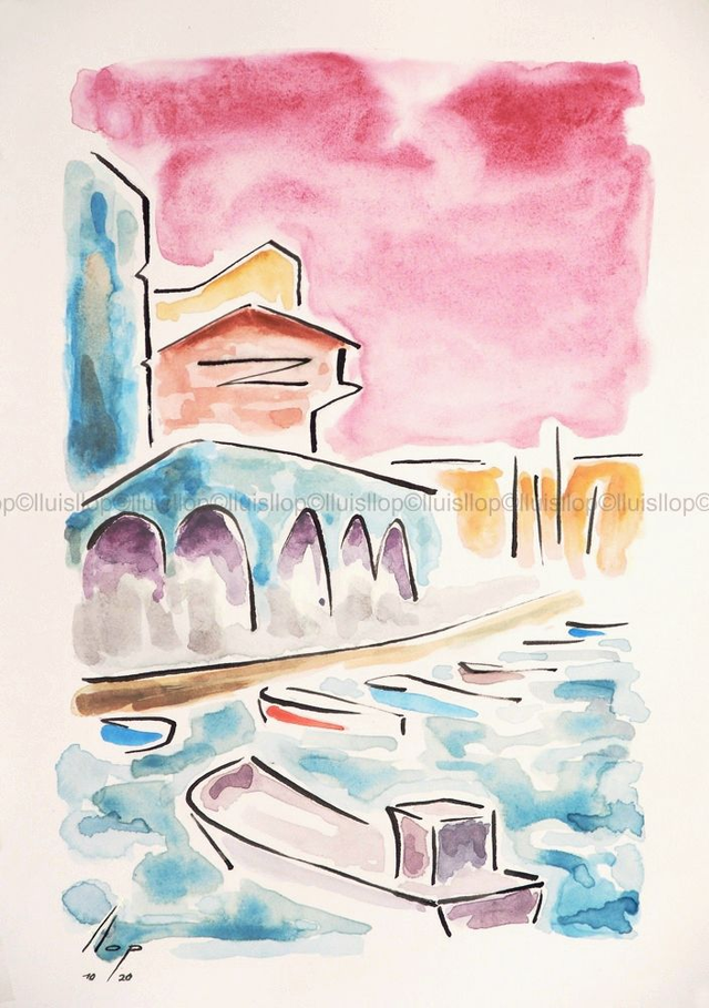 coses de l'Ametlla, aquarel·la original 30x21 - Barques i el pòsit vell 