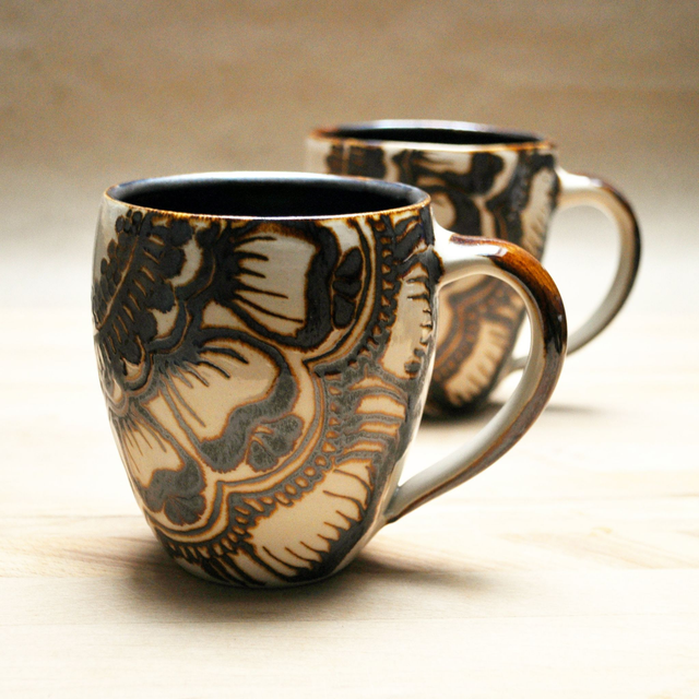 Large Ceramic Mug with Tattoo-Flower