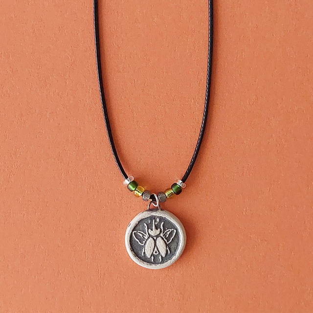 Beetle ceramic necklace - handmade - unisex beetle charm - rustic clay bug bead