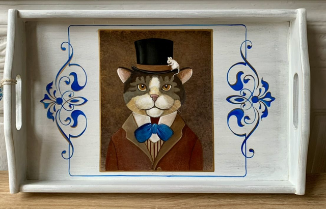 Plateau "chat au noeud papillon bleu"