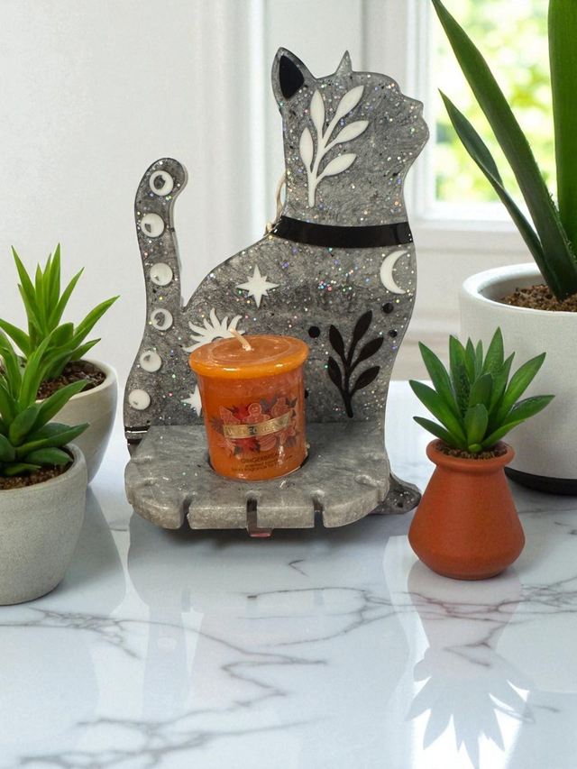 Gray Cat Candle Holder with Moon Stars and Leaves, Mystical Resin Cat Tealight Stand, Witchy Home Decor for Crystal Altar or Shelf
