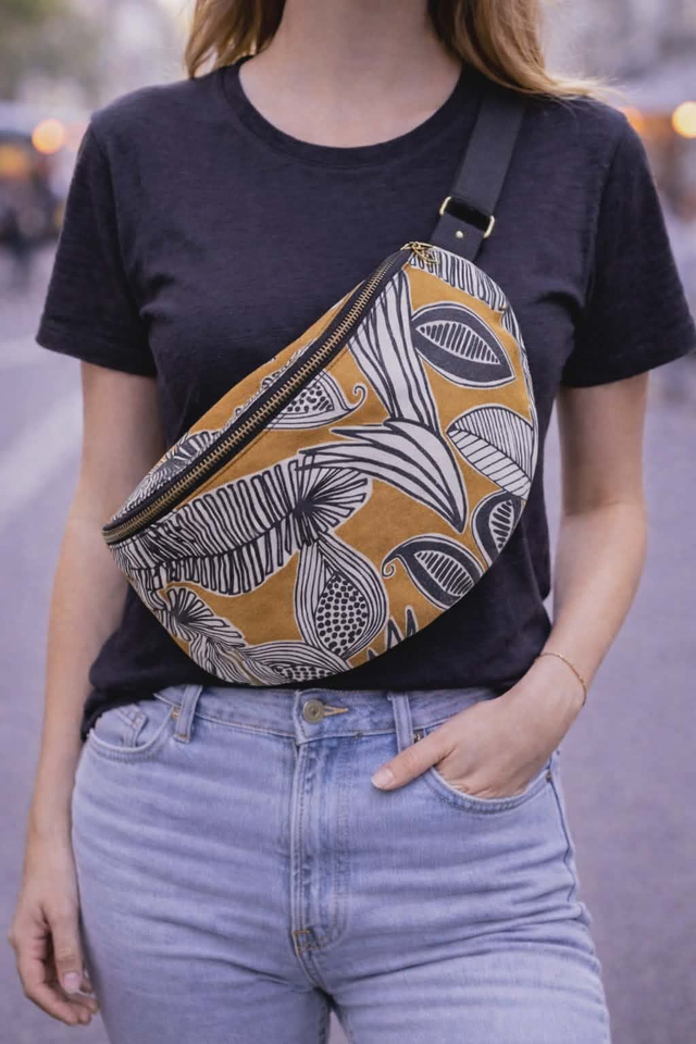 Sac banane grand modèle fleuri ocre