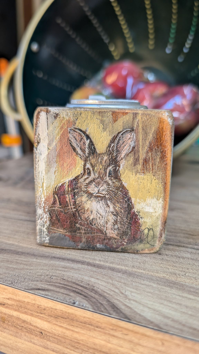 Rabbit wrapped in a checked blanket - Tealight Holder Reclaimed Wood