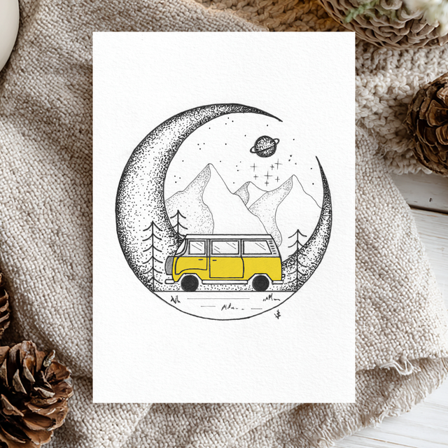 "Miss Sunshine" Yellow VW Camper Van Wanderlust Moon Pointillism Art Print (5"x7")