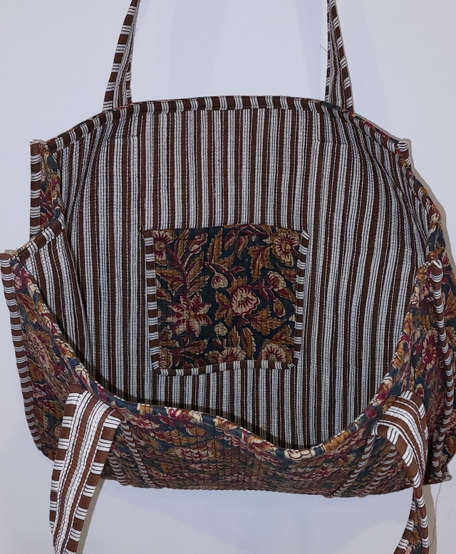 Sac cabas réversible matelassé – Tote bag coton doublé fait main, grand format pour courses, plage ou quotidien - Brun, rouge, beige et noir