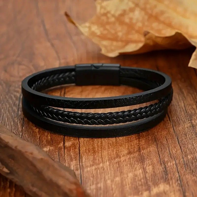Bracelet similicuir tressé noir élégant
