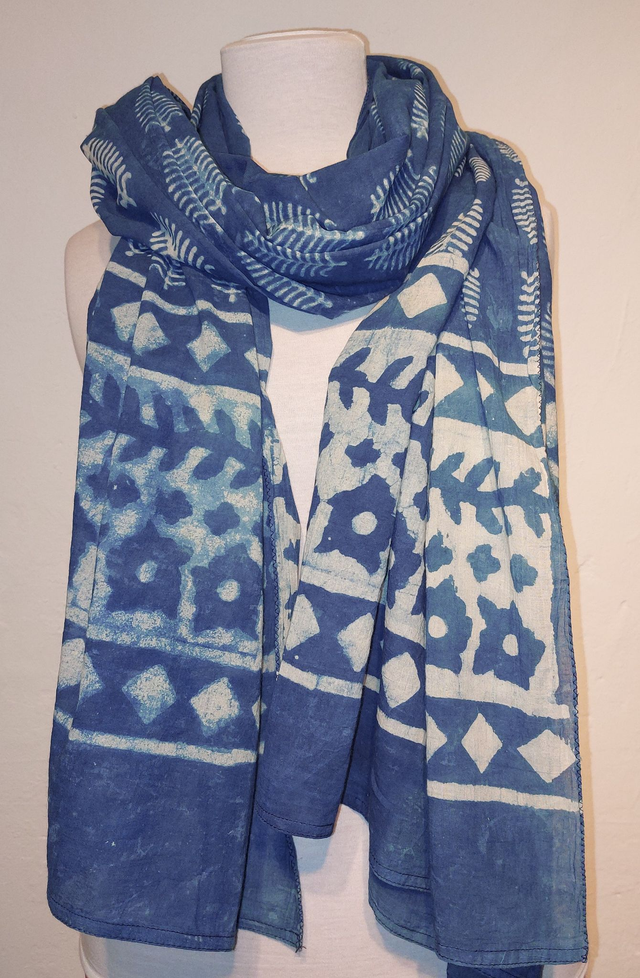 Châle bleu, teinture naturelle indigo, coton imprimé à la main, écharpe légère, dupatta - Cadeau femme artisanal éthique
