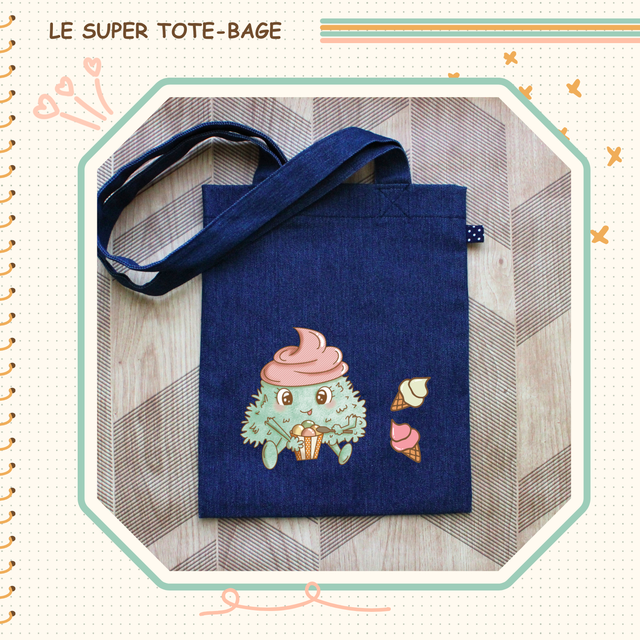 Tote-bag en jeans illustré d&#039;une momote glacée !