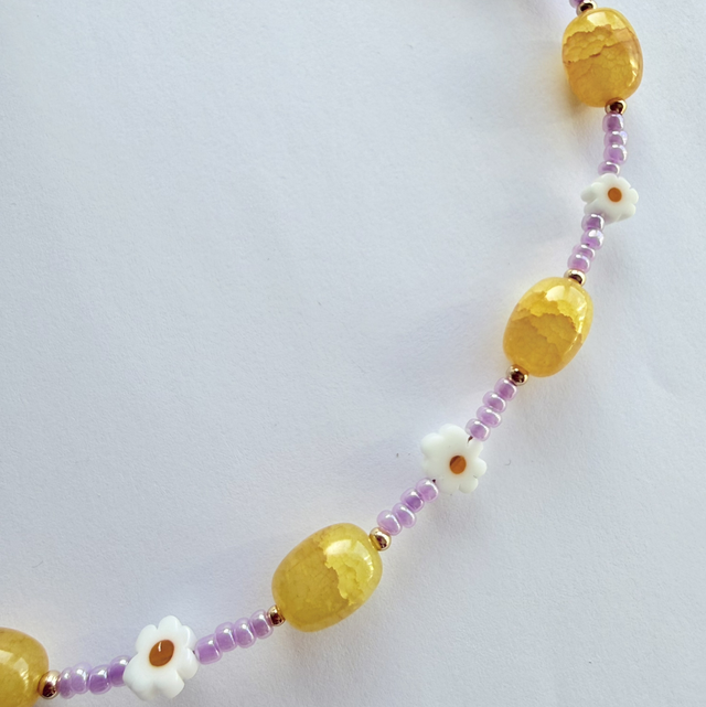 MARGOT - Yellow & Lilac Daisy Beaded Choker Style Necklace