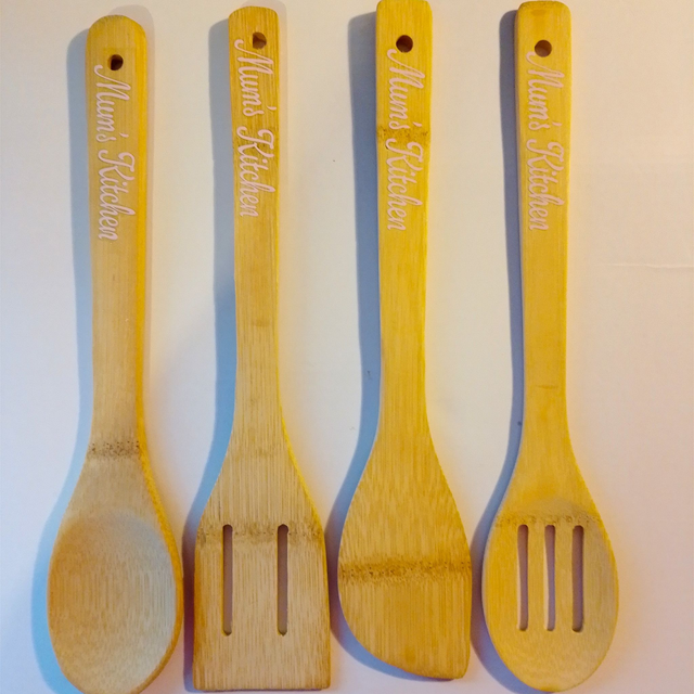 Set Of 4 Personalised Bamboo Kitchen Utensils - Wedding  &amp; House Warming Gift
