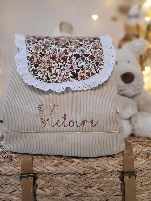 Sac marron clair tissu fleuri dentelle 