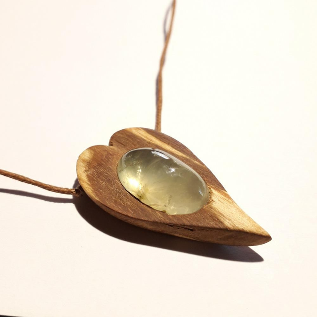 Prehnite Hearth Necklace With Hand Carved Palo Santo Wood