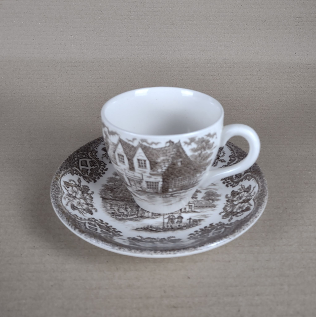 English Ironstone Tableware | Meerdere Kop (diameter 7,5 | hoogte 7,0) en Schotels (diameter 14,0) &#039;English Country Life&#039; in bruin | Vintage