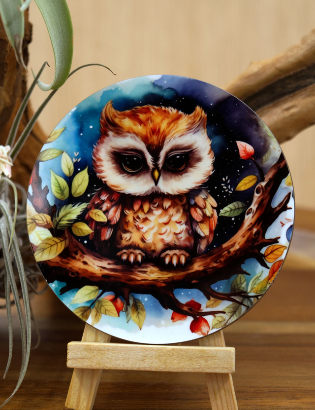 Coaster: Sleepy Owl on Night Branch – Unisub Sublimated Coaster