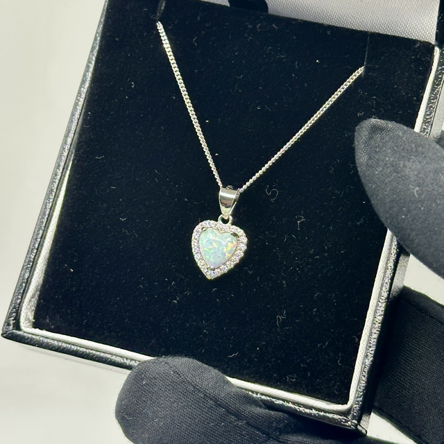 CZ and White Opal Heart Necklace