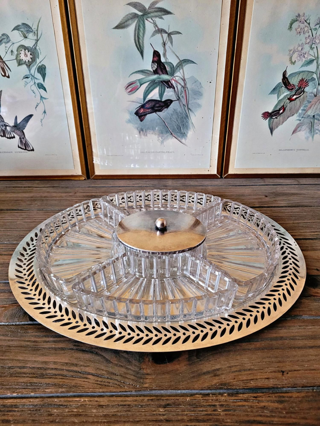 Plateau apéritif style art déco métal argenté et verre, 5 compartiements
