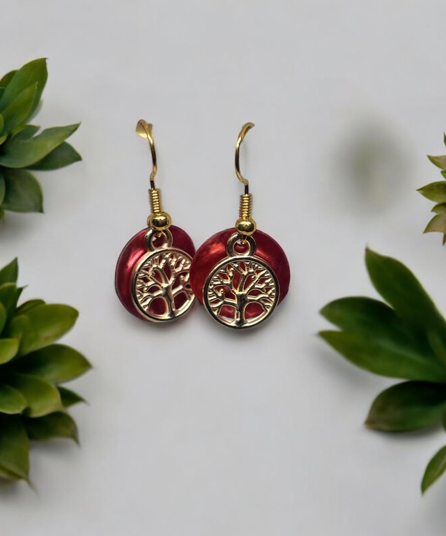 Boucles d'oreille arbre vie rouge