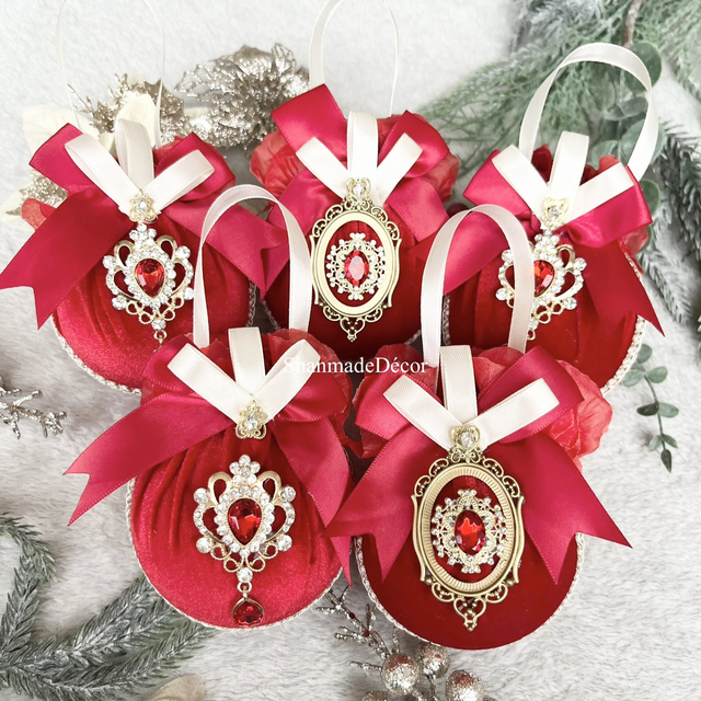 Red and Cream Velvet Bauble Ornaments