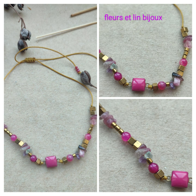 Z-Bracelet carré en émail rose fushia, perles en agate,fluorite, tourmaline ( pierres naturelles) monté sur fil de jade très résistant, pièce unique 