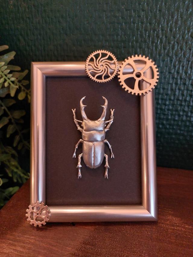 Cadre argenté avec un scarabée en résine 