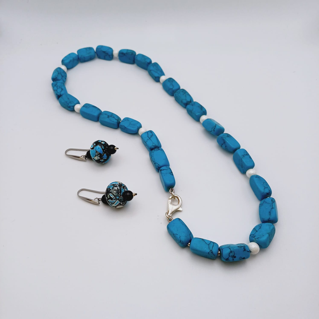 Solo collana Pasta di turchese con perle in ceramica chiusura Argento 