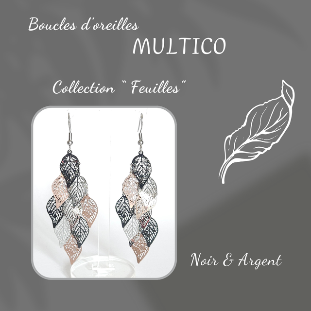 Boucles d&#039;oreilles MULTICO - Collection Feuilles - Noir et Argent