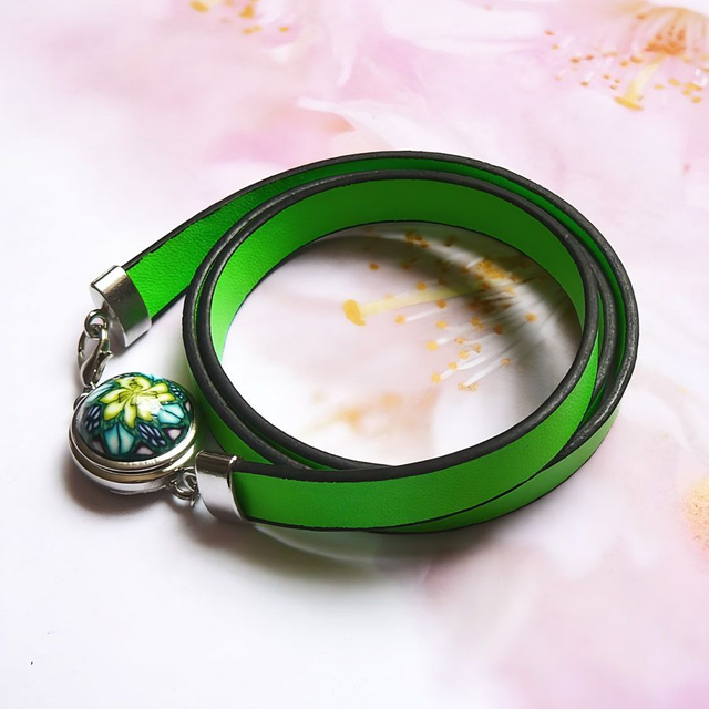Bracelet homme femme simili cuir vert mandala vert